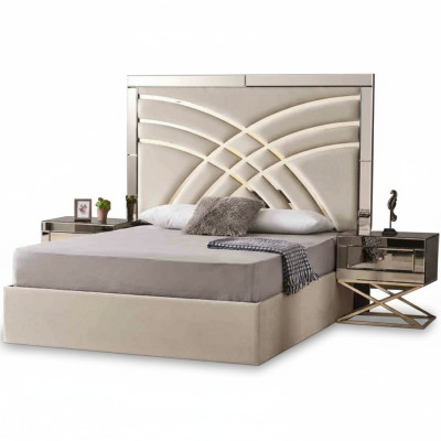 Muebles de dormitorio beige Textil cama de lujo de madera 2x mesitas de noche 3 piezas