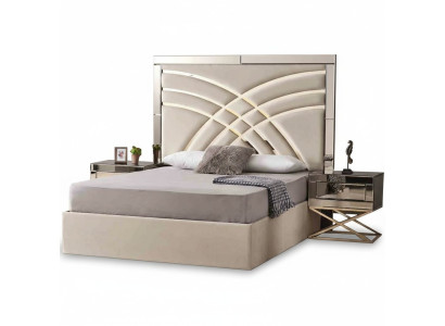 Muebles de dormitorio beige Textil cama de lujo de madera 2x mesitas de noche 3 piezas