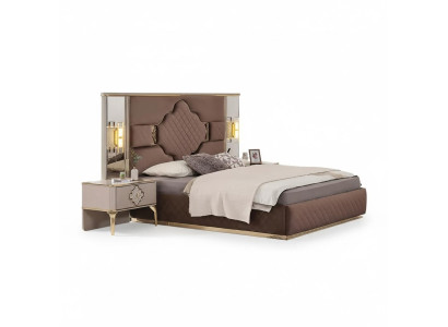 Marrón-beige conjunto exclusivo de dormitorio con cama doble y 2 mesitas de noche.