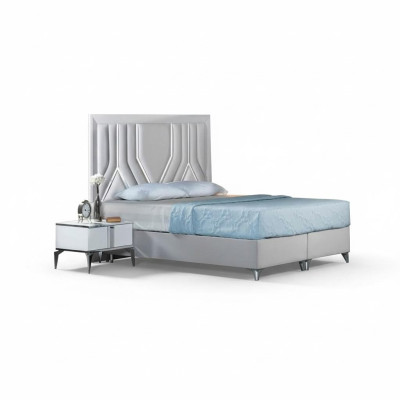 Juego de dormitorio moderno blanco con cama tapizada y mesitas de noche