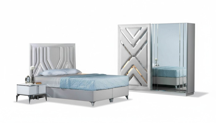 Conjunto de cama blanca elegante con mesitas y armario de vidrio
