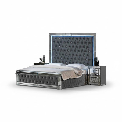 Cama matrimonial Chesterfield diseño 2x mesitas set 3 piezas