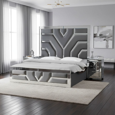 Conjunto de dormitorio moderno gris lujoso con cama de tela y 2 mesitas de noche