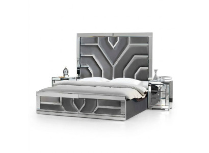 Conjunto de dormitorio moderno gris lujoso con cama de tela y 2 mesitas de noche