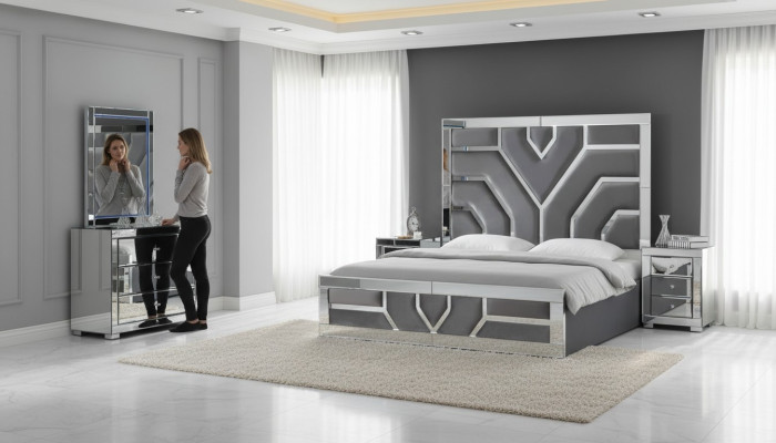 Juego de dormitorio elegante gris 2x mesitas de noche en tejido cómoda