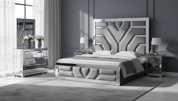 Juego de dormitorio elegante gris 2x mesitas de noche en tejido cómoda