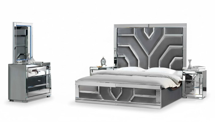 Juego de dormitorio elegante gris 2x mesitas de noche en tejido cómoda