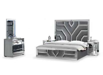 Juego de dormitorio elegante gris 2x mesitas de noche en tejido cómoda