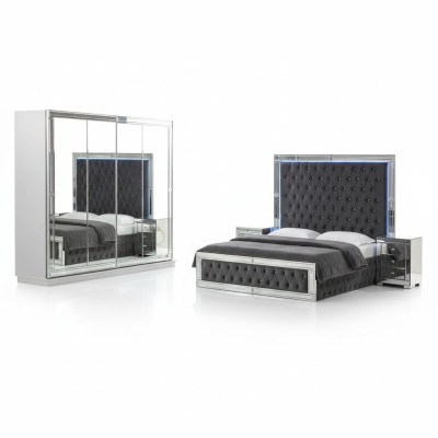 Cama matrimonial Chesterfield gris moderno con armario elegante y mesitas de noche