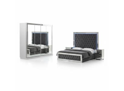 Cama matrimonial Chesterfield gris moderno con armario elegante y mesitas de noche
