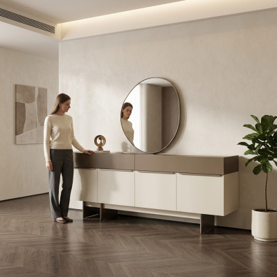 Mueble aparador de cocina marrón-beige, muebles de comedor de diseñador, cómoda de lujo.