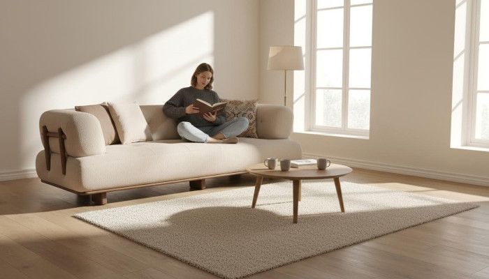 Sofá de tres plazas de diseñador en tono beige para la sala de estar.