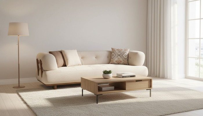 Sofá de tres plazas de diseñador en tono beige para la sala de estar.