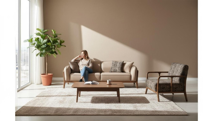 Sofá de tres plazas elegante en beige para la sala de estar, muebles tapizados con estilo.