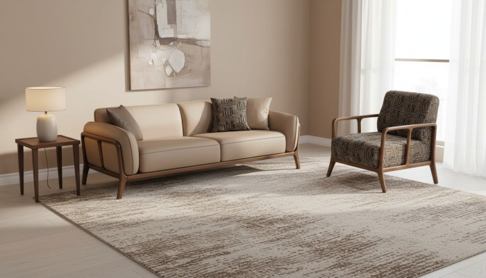 Sofá de tres plazas elegante en beige para la sala de estar, muebles tapizados con estilo.