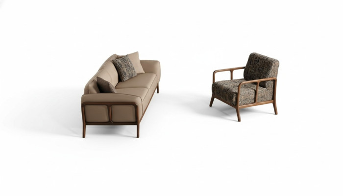 Sofá de tres plazas elegante en beige para la sala de estar, muebles tapizados con estilo.
