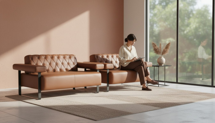 Sofás de cuero Chesterfield en marrón, modernos, originales de acero inoxidable de 2 plazas con botones.