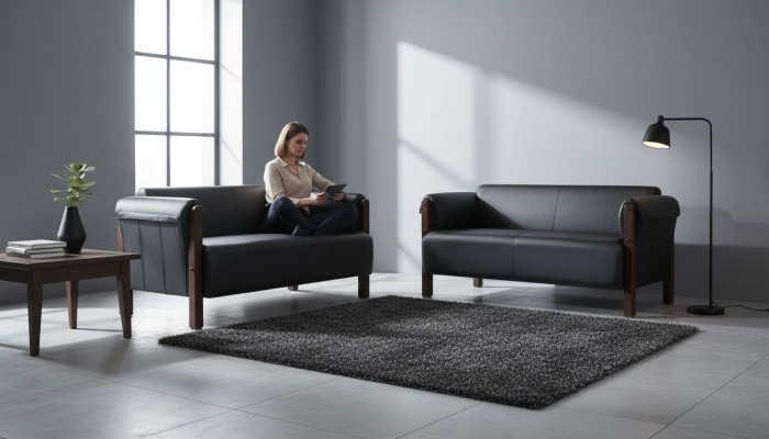 Sofá moderno de 2 plazas con conjunto de sofás de cuero negro y madera.