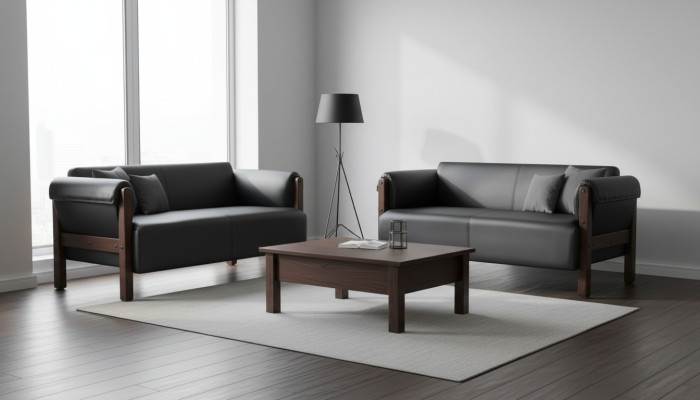 Sofá moderno de 2 plazas con conjunto de sofás de cuero negro y madera.