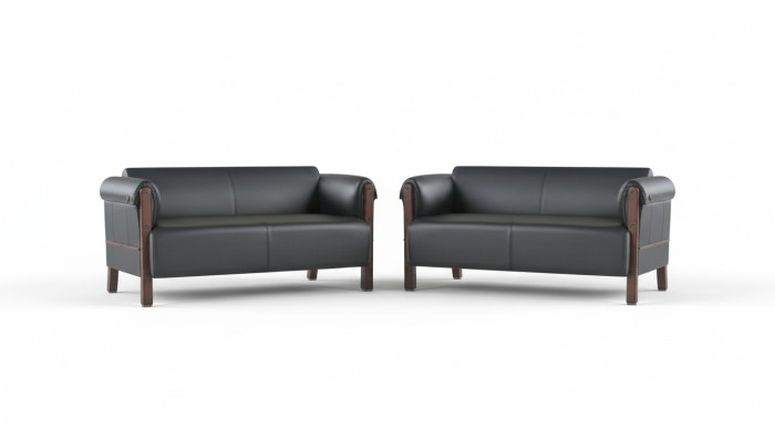 Sofá moderno de 2 plazas con conjunto de sofás de cuero negro y madera.