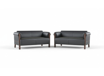 Sofá moderno de 2 plazas con conjunto de sofás de cuero negro y madera.