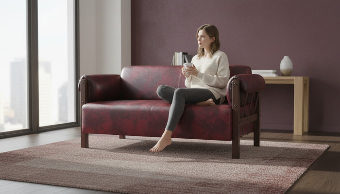 Sofá de cuero color burdeos de dos plazas con reposabrazos de madera y estilo moderno.