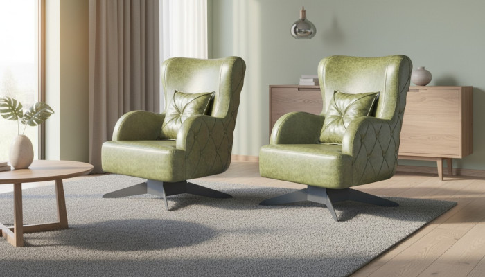Conjunto de sillones Chesterfield verde tapizado clásico con patas de acero inoxidable y cojines de cuero.