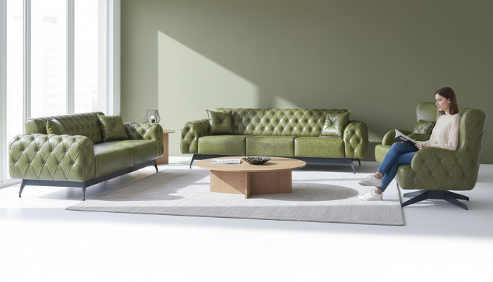 Sofá Chesterfield de 3 plazas, 2 plazas, sillón Verde Juego Clásico de Cuero de 4 piezas.