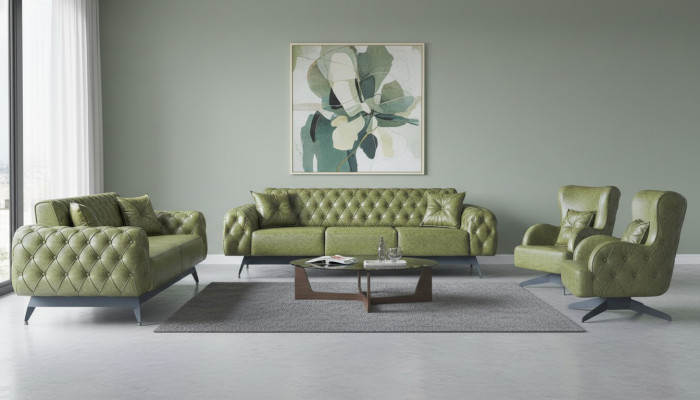 Sofá Chesterfield de 3 plazas, 2 plazas, sillón Verde Juego Clásico de Cuero de 4 piezas.