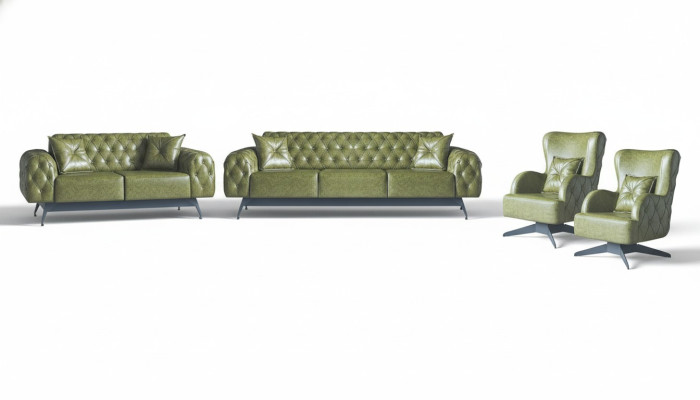 Sofá Chesterfield de 3 plazas, 2 plazas, sillón Verde Juego Clásico de Cuero de 4 piezas.