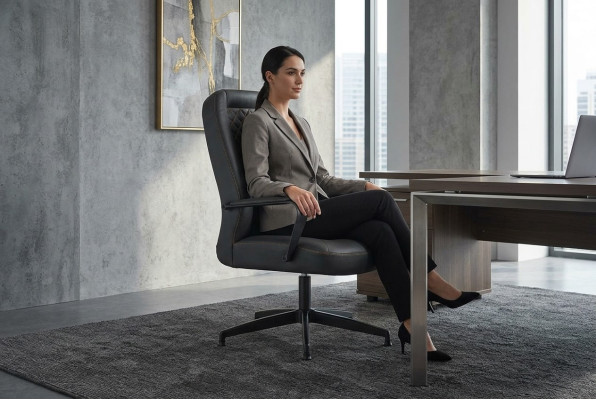 Silla de oficina negra Sillón de dirección Oficina moderna Cuero suave madera