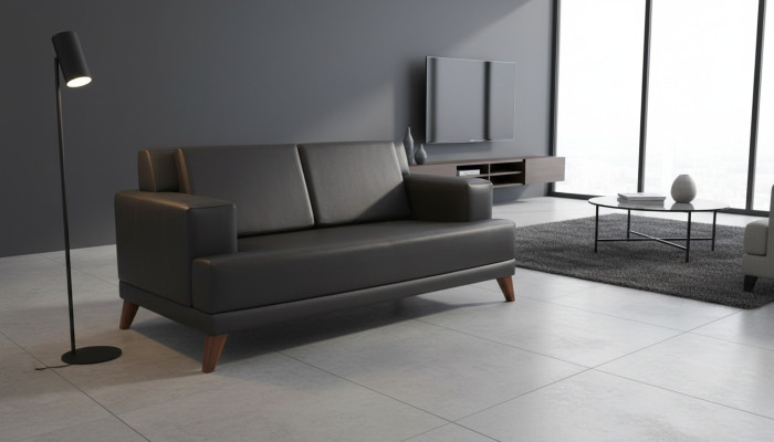 Sofá de cuero de 2 plazas en negro de diseño moderno de un solo color con estructura de madera.