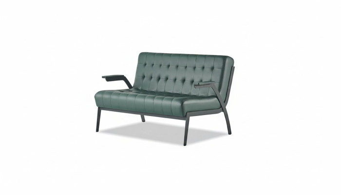 Sofá Chesterfield verde de 2 plazas, sofá de cuero moderno de acero inoxidable.