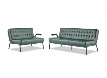 Sofá de cuero Chesterfield de 3 plazas y 2 plazas en verde, sofás de cuero modernos de madera.