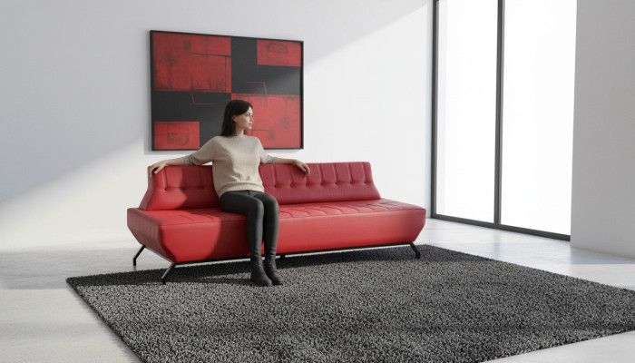Sofá de 3 plazas de diseño Art Deco en rojo, mueble de asiento Chesterfield con botones.