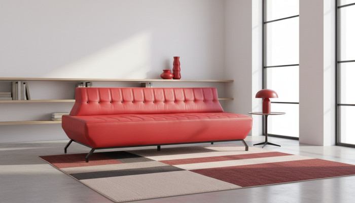 Sofá de 3 plazas de diseño Art Deco en rojo, mueble de asiento Chesterfield con botones.