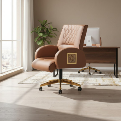 Silla de oficina marrón de acero inoxidable moderna de cuero para oficina o estudio de un asiento dorado