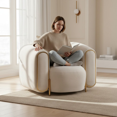 Sillón de lujo beige estilo salón tapizado en textil moderno