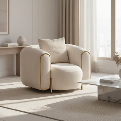 Sillón de lujo beige estilo salón tapizado en textil moderno