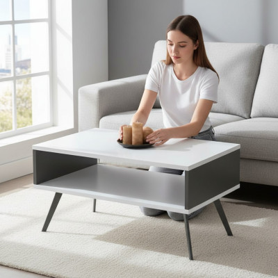 Mesa de café moderna de madera con espacio de almacenamiento blanca