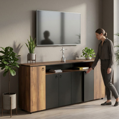 Credenza armario móvil con puertas para estudio marrón negro