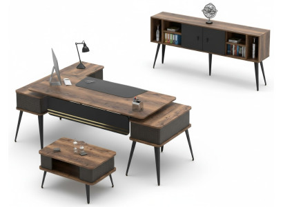 Conjunto de oficina mesa de café mesa móvil de madera oficina marrón negro