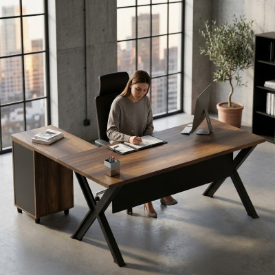 Mesa de esquina con espacio de almacenamiento para oficina marrón y negro