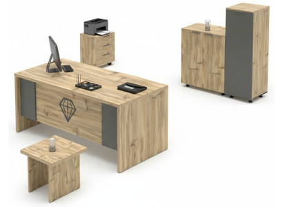 Conjunto de oficina en madera beige gris mesa armario mesita cómoda