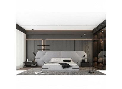 Cama gris moderna con elegante cabecera y diseño estiloso para el dormitorio