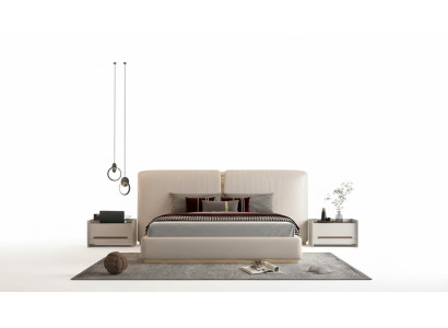 Cama de lujo beige con acentos dorados, diseño moderno, cabecero para dormitorio