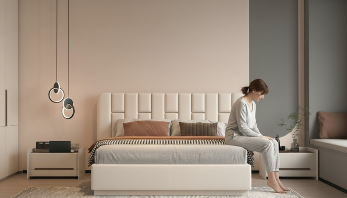 Cama beige de lujo con cabecero acolchado moderno para dormitorio