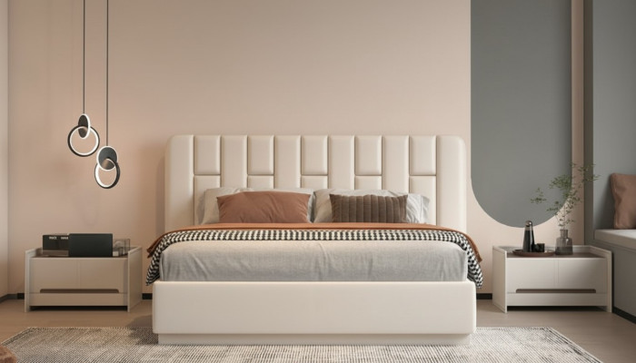 Cama beige de lujo con cabecero acolchado moderno para dormitorio