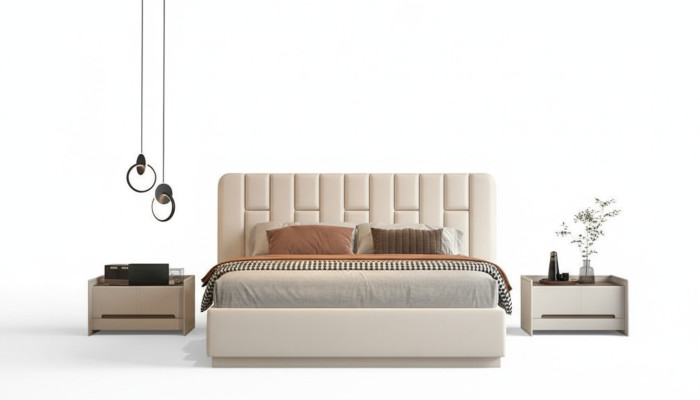 Cama beige de lujo con cabecero acolchado moderno para dormitorio