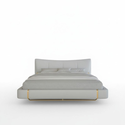 Cama gris lujosa con acentos dorados, diseño moderno y cabecera cómoda